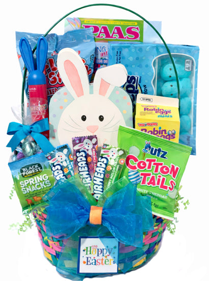 "Hoppy Easter" Premade Easter Gift Basket for kids - Prefilled Easter Gift Basket with Chocolate and Candy for Boys