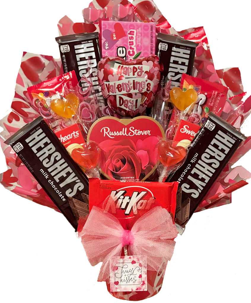 Hugs and Kisses Candy and Chocolate Bouquet - Valentine's Day Gift Basket for Her - for Him - for Kids