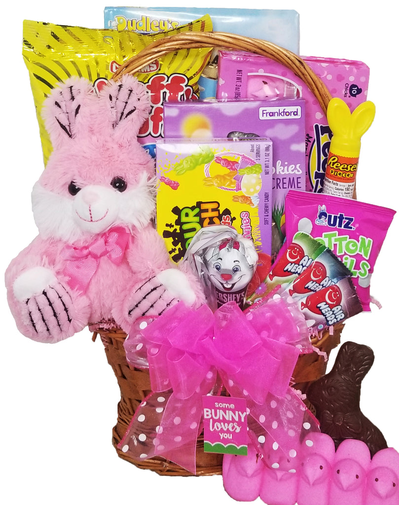  Pink Easter Basket for Kids and Adults (45ct) - Already Filled  Easter Gift Basket with Plush Easter Bunny, Candy, Snacks, and Treats -  Boys, Girls, Grandchildren, Young Children, Toddlers, Men, Women 